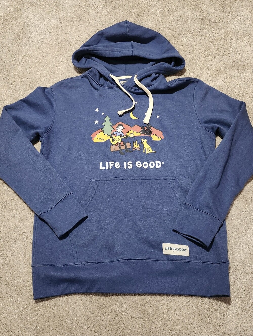 Life Is Good Men's Navy Blue Graphic Camping Themed Crewneck Hoodie Size Small